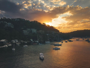 Aerial drone shot of waterfront properties at Sailors Bay, Sydney - Sunset - Free Stock Photo