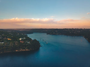 Aerial shot overlooking waterfront properties at Cheyne Walk and Peach Tree Bay - Sydney, Australia