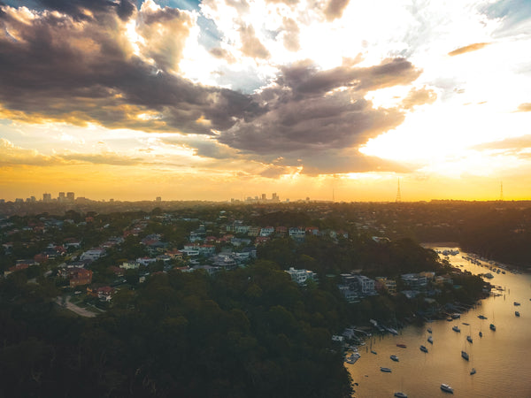 Sunset at Sailors Bay, Sydney - Mowbray Point, Minimbah Rd Houses and Chatswood. St Leonards in the distance